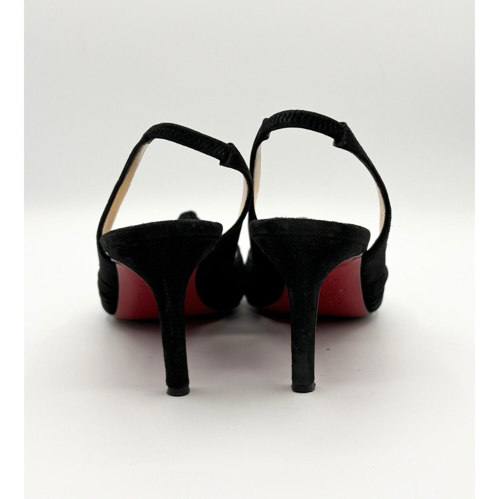 Christian Louboutin Black Suede Slingback Heels Peep Toe Knot Accent Sz EU 38.5 - Picture 10 of 12